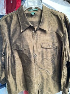 Vintage Lauren Ralph Lauren Men’s Shimmering Olive Brown Button-Front Jacket